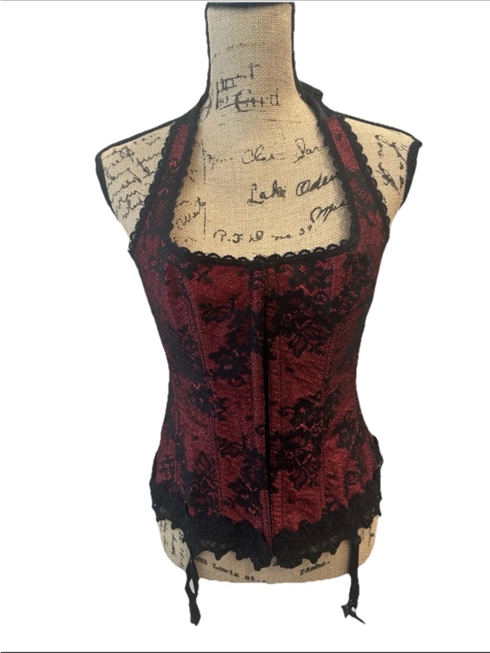 Frederick’s of Hollywood Dream Lace Halter Corset Boned Bodice Red Black 38
